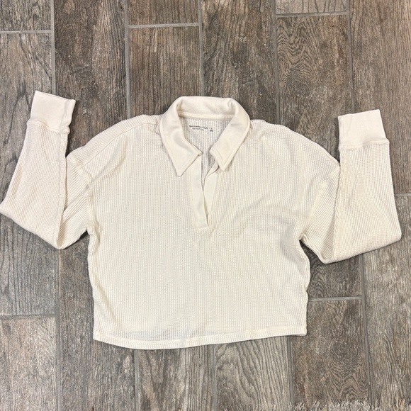 Abercrombie & Fitch Cream Long Sleeve Collared Top Waffle - Picture 1 of 5